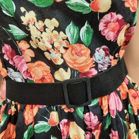 Vintage 80s Belted Floral Dress Prom Party S Retro 50s Sleeveless Crinoline - Picture 4 of 13